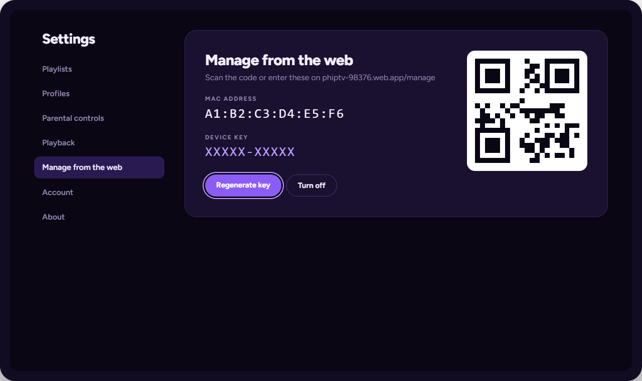 Settings, Manage from the web on the TV: MAC address, device key and a QR code.