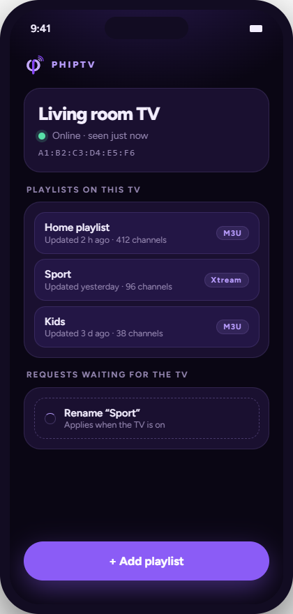 The manage page on a phone: the list of playlists on the TV with an Add button.