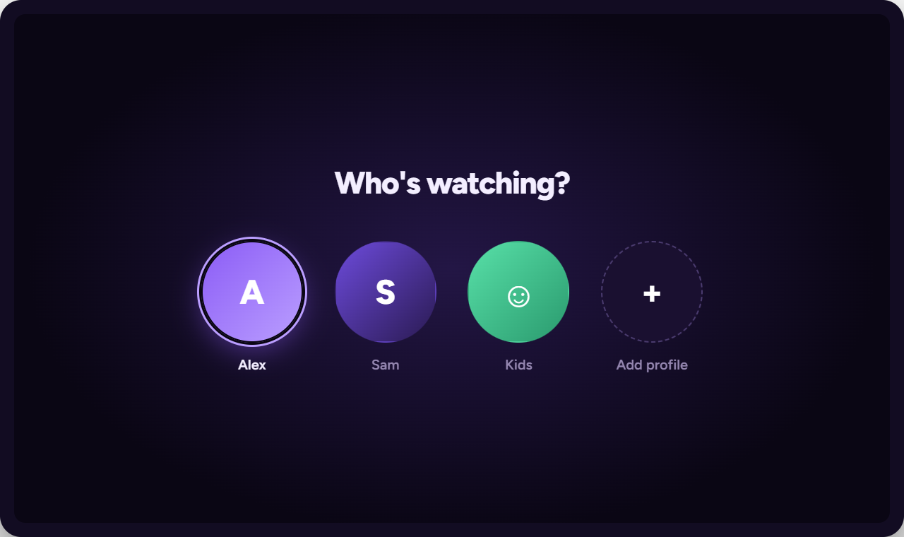 Profile picker: a row of avatars including a kids profile.