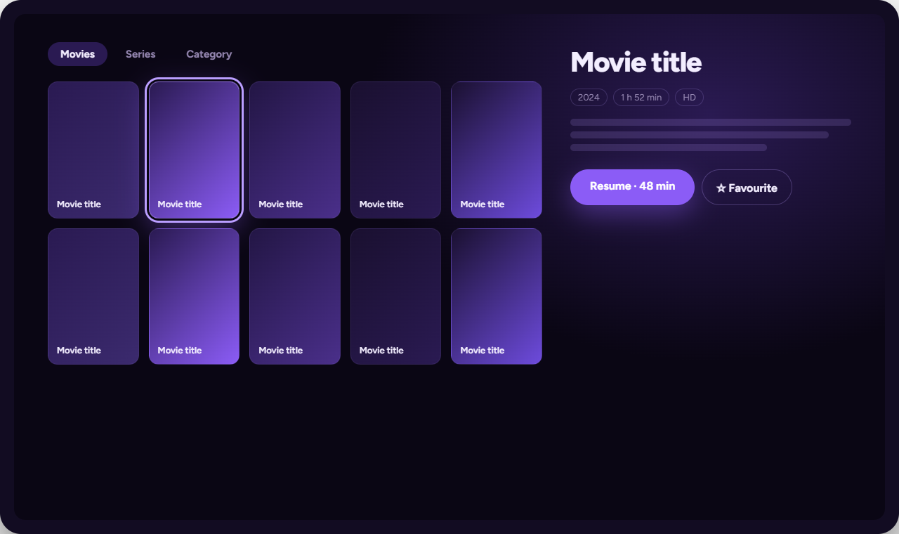 Movies and series screen: a poster grid with a details pane.